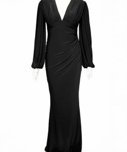 Pinup Girl Clothing Shop All In-Stock Items By Size Gia Art Deco Gown In Black With Bishop Sleeves | Laura Byrnes