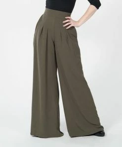 What's New, Pussycat? Dietrich Vintage Wide Leg Palazzo Pants In Olive Crepe 32