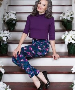 Traci Lords For Couture For Every Body Final Sale - Lola Pant Long Crushed Velvet Leggings In Blue Floral Print By Traci Lords