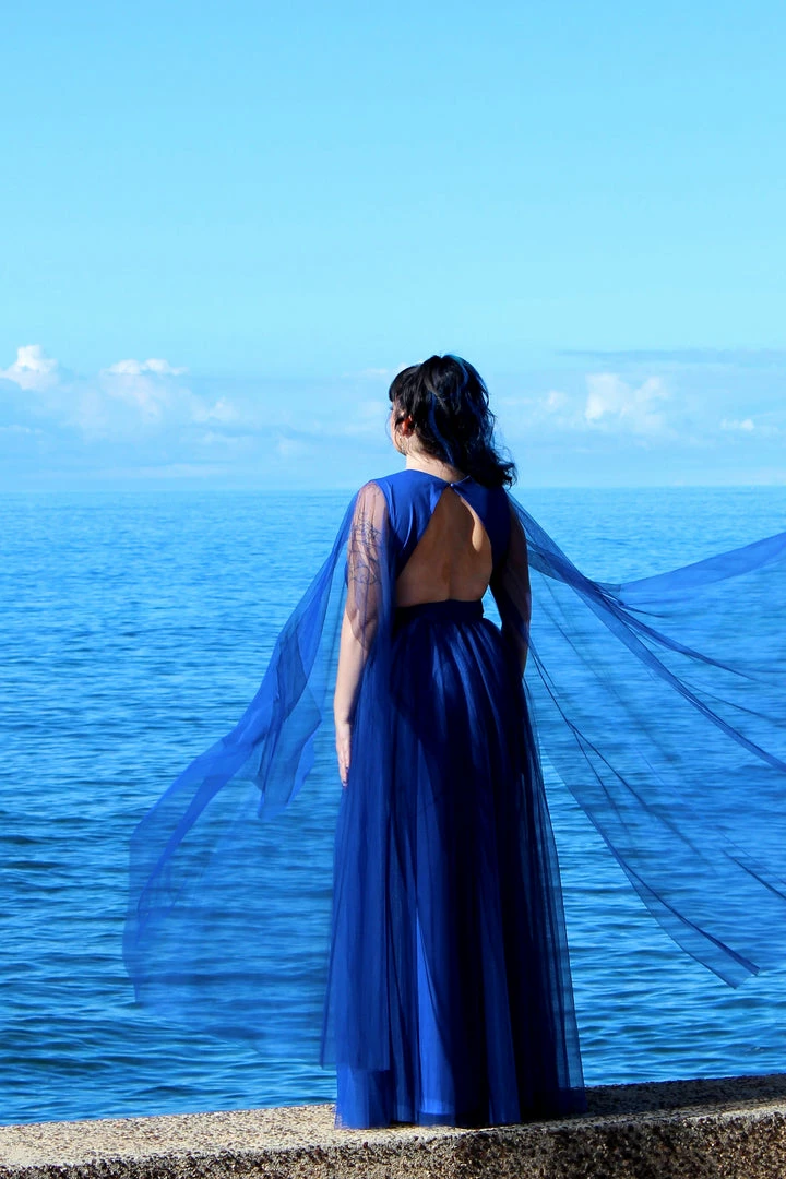 Rubber Ducky Gothic Glamour Bombshell Gown In Blue With Floor Length Sheer Cape Sleeves What's New, Pussycat? 12 Rubber Ducky Gothic Glamour Bombshell Gown In Blue With Floor Length Sheer Cape Sleeves What's New, Pussycat?