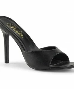 Pleaser The Hot Girl Peep Toe Mule In Black Faux Leather What's New, Pussycat?