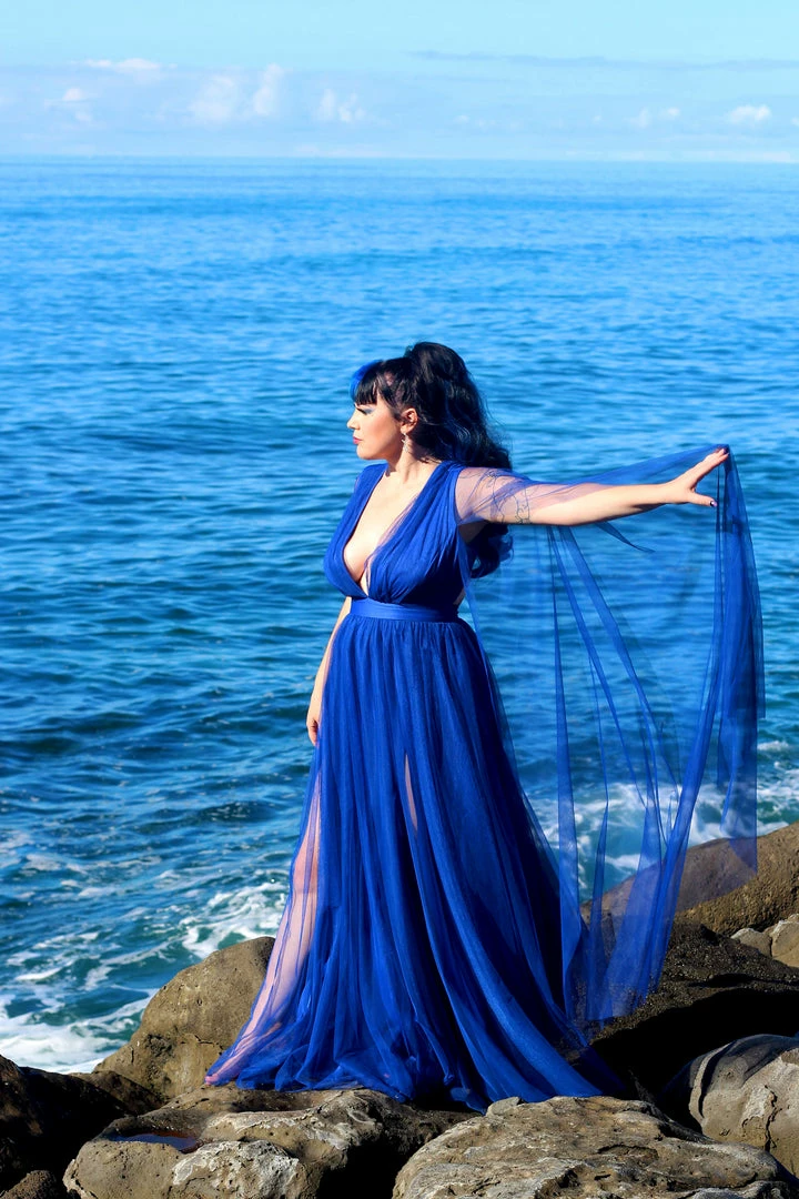 Rubber Ducky Gothic Glamour Bombshell Gown In Blue With Floor Length Sheer Cape Sleeves What's New, Pussycat? 11 Rubber Ducky Gothic Glamour Bombshell Gown In Blue With Floor Length Sheer Cape Sleeves What's New, Pussycat?