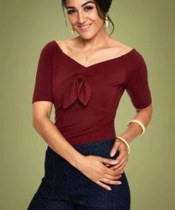 Final Sale - Anika Bow Top In Burgundy Stretch Knit | Voodoo Vixen