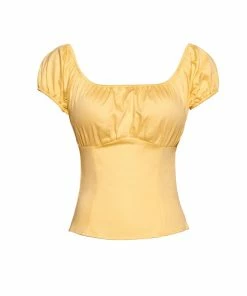 Pinup Couture Peasant Top In Yellow Stretch Cotton Sateen What's New, Pussycat?