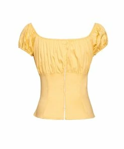 Pinup Couture Peasant Top In Yellow Stretch Cotton Sateen What's New, Pussycat?