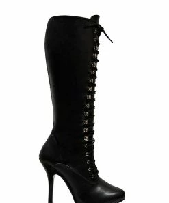 Pleaser Tura Lace Up Knee High Boot In Black Vegan Patent Leather