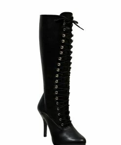 Pleaser Tura Lace Up Knee High Boot In Black Vegan Patent Leather
