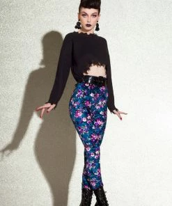 Traci Lords For Couture For Every Body Shop All In-Stock Items By Size Final Sale - Lola Pant Long Crushed Velvet Leggings In Blue Floral Print By Traci Lords