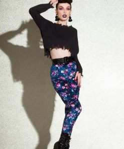 Traci Lords For Couture For Every Body Shop All In-Stock Items By Size Final Sale - Lola Pant Long Crushed Velvet Leggings In Blue Floral Print By Traci Lords