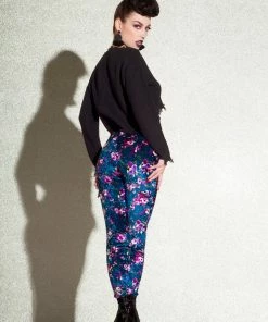 Traci Lords For Couture For Every Body Final Sale - Lola Pant Long Crushed Velvet Leggings In Blue Floral Print By Traci Lords