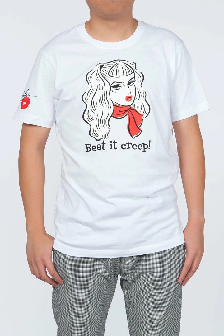 Traci Lords For Couture For Every Body Final Sale - Mens Beat It Creep T-shirt In White By Traci Lords Shop All In-Stock Items By Size 3 Traci Lords For Couture For Every Body Final Sale - Mens Beat It Creep T-shirt In White By Traci Lords Shop All In-Stock Items By Size