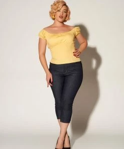 Pinup Couture Peasant Top In Yellow Stretch Cotton Sateen What's New, Pussycat?