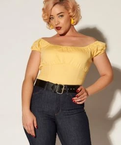 Pinup Couture Peasant Top In Yellow Stretch Cotton Sateen What's New, Pussycat?