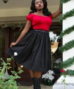 Shop All In-Stock Items By Size Petite Bella Vintage Gathered Swing Skirt In Solid Black Sateen | Pinup Couture