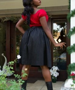 Shop All In-Stock Items By Size Petite Bella Vintage Gathered Swing Skirt In Solid Black Sateen | Pinup Couture