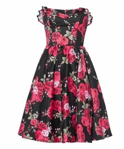 Final Sale - Bela Strapless Bustier Swing Dress In Red Roses Sateen | Pinup Couture