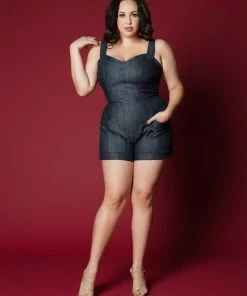 Laura Byrnes Design Final Sale - Laura Byrnes Daphne Short Overalls In Dark Blue Denim Shop All In-Stock Items By Size