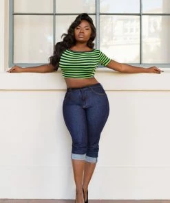 Shop All In-Stock Items By Size Final Sale - Ashlee Bad Girl Striped Crop Top In Navy And Lime Stripe | Deadly Dames