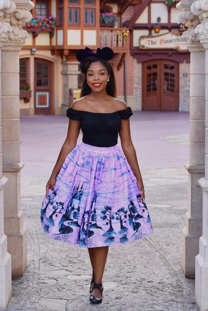 Final Sale - Bella Vintage Gathered Swing Skirt In Pink Fairy Tale Castle Print | Pinup Couture 6 Final Sale - Bella Vintage Gathered Swing Skirt In Pink Fairy Tale Castle Print | Pinup Couture