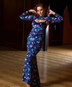 Traci Lords For Couture For Every Body Final Sale - Supreme Maxi Dress In Blue Floral Velvet With Removable Shrug | Traci Lords