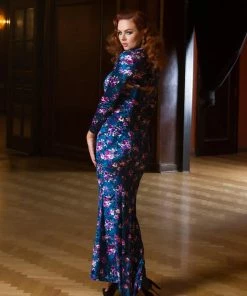 Traci Lords For Couture For Every Body Final Sale - Supreme Maxi Dress In Blue Floral Velvet With Removable Shrug | Traci Lords