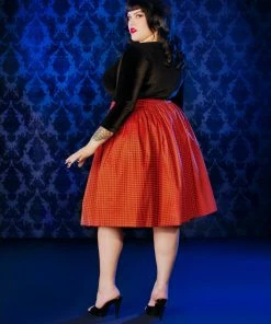 Shop All In-Stock Items By Size OYS - XS - S - Final Sale - Bella Vintage Gathered Skirt In Orange And Black Gingham Cotton Sateen | Pinup Couture