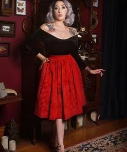 Shop All In-Stock Items By Size OYS - XS - S - Final Sale - Bella Vintage Gathered Skirt In Orange And Black Gingham Cotton Sateen | Pinup Couture