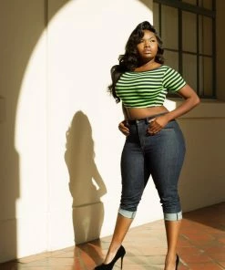 Shop All In-Stock Items By Size Final Sale - Ashlee Bad Girl Striped Crop Top In Navy And Lime Stripe | Deadly Dames