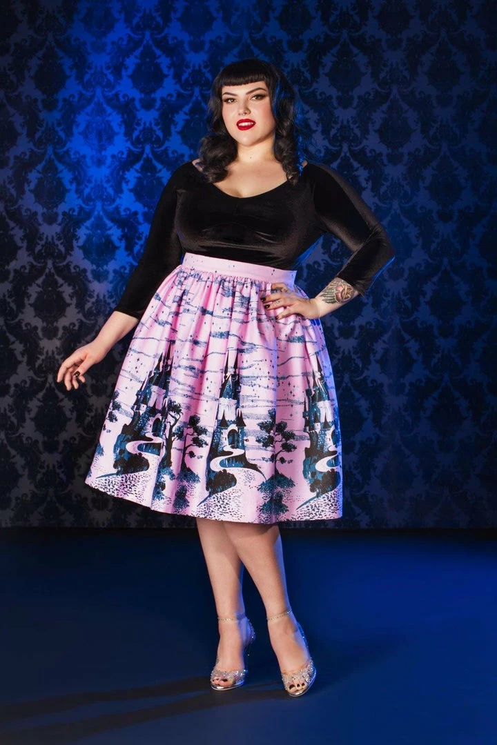 Final Sale - Bella Vintage Gathered Swing Skirt In Pink Fairy Tale Castle Print | Pinup Couture 3 Final Sale - Bella Vintage Gathered Swing Skirt In Pink Fairy Tale Castle Print | Pinup Couture
