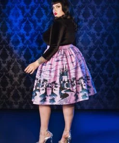 Final Sale - Bella Vintage Gathered Swing Skirt In Pink Fairy Tale Castle Print | Pinup Couture