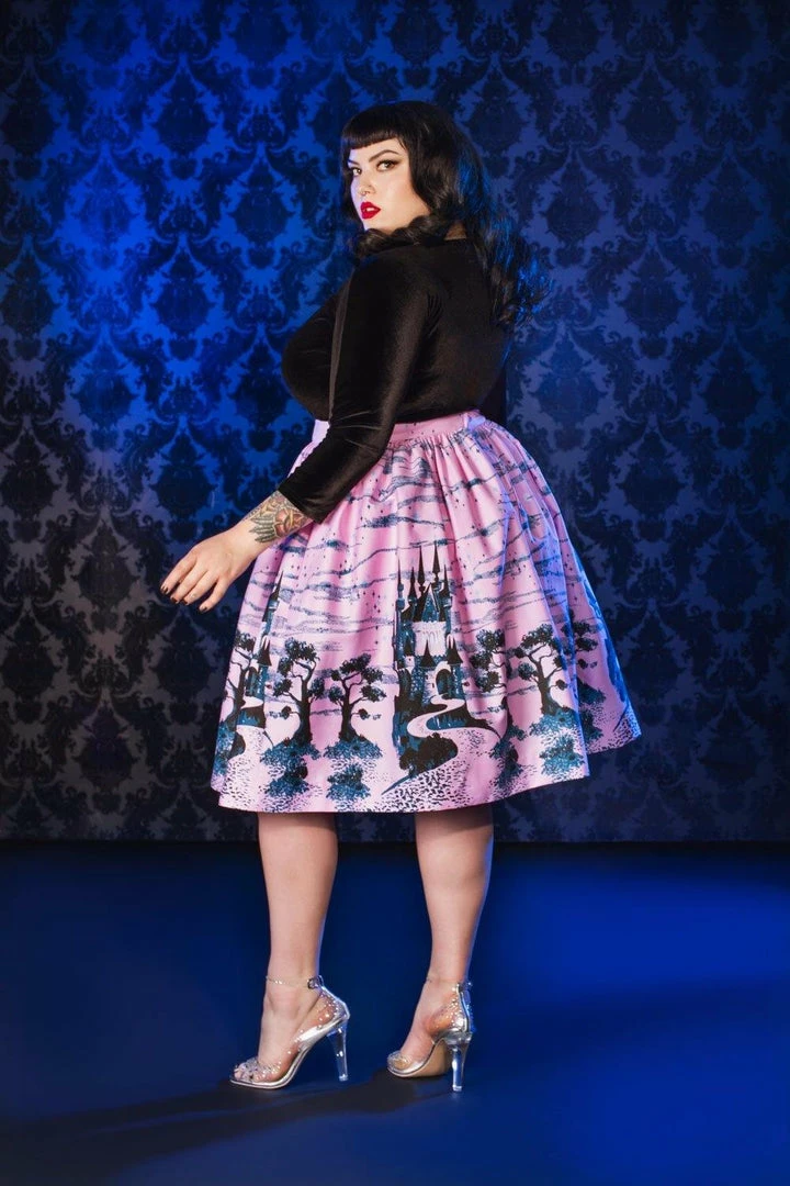Final Sale - Bella Vintage Gathered Swing Skirt In Pink Fairy Tale Castle Print | Pinup Couture 4 Final Sale - Bella Vintage Gathered Swing Skirt In Pink Fairy Tale Castle Print | Pinup Couture