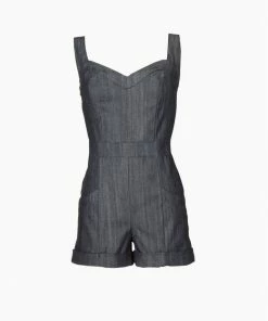 Laura Byrnes Design Final Sale - Laura Byrnes Daphne Short Overalls In Dark Blue Denim Shop All In-Stock Items By Size