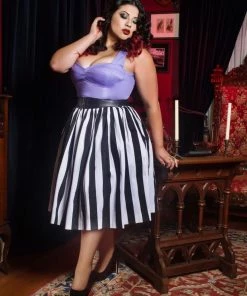 What's New, Pussycat? Bella Vintage Gathered Swing Skirt In Black And White Mark Stripe Cotton Sateen | Pinup Couture