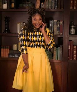 OYS Final Sale - Magically Made For Couture For Every Body Joanne Jumper Skirt With Removable Straps In Yellow Cotton Sateen