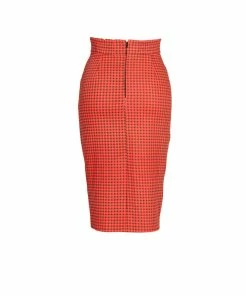 Laura Byrnes Design Shop All In-Stock Items By Size OYS Laura Byrnes High Waisted Pencil Skirt In Orange And Black Gingham Print