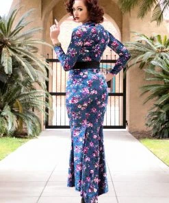 Traci Lords For Couture For Every Body Final Sale - Supreme Maxi Dress In Blue Floral Velvet With Removable Shrug | Traci Lords