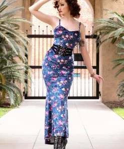 Traci Lords For Couture For Every Body Final Sale - Supreme Maxi Dress In Blue Floral Velvet With Removable Shrug | Traci Lords