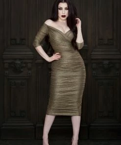 Laura Byrnes Design Final Sale - Laura Byrnes California Monica Wiggle Dress In Gold Lurex Shop All In-Stock Items By Size