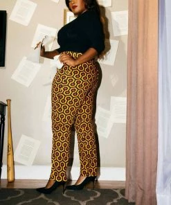 Laura Byrnes Design What's New, Pussycat? Vintage Tapered Long Trousers In Red Hexagon Hotel Print | Laura Byrnes