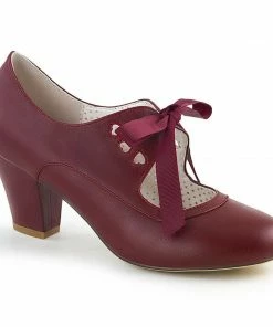 Pleaser Queen Of Hearts Cuban Heel Pumps In Burgundy Vegan Leather What's New, Pussycat?